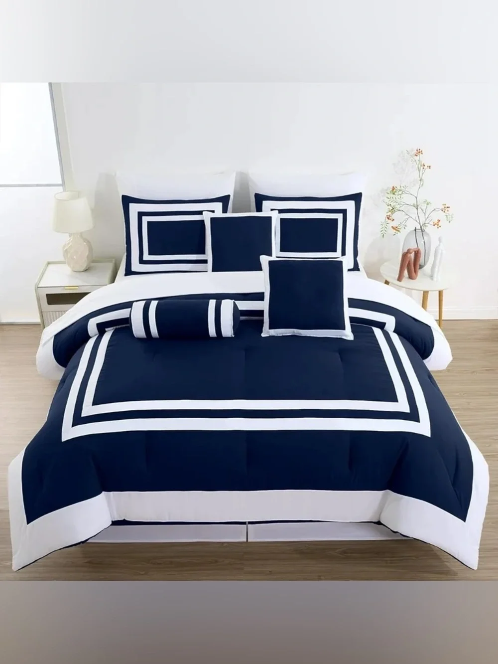 Navy & White Geometric Border Queen 3 piece Comforter Set